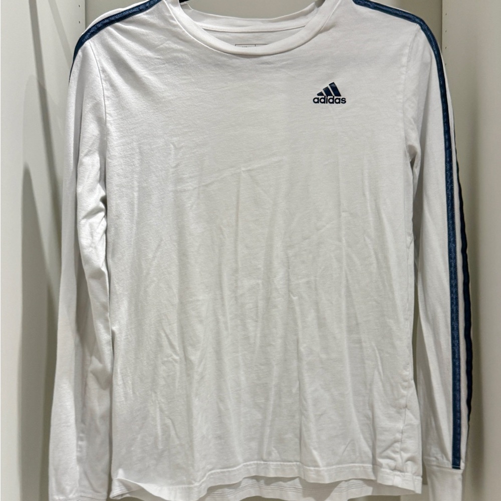 adidas White Long-Sleeve Crew with Navy Shoulder Stripes